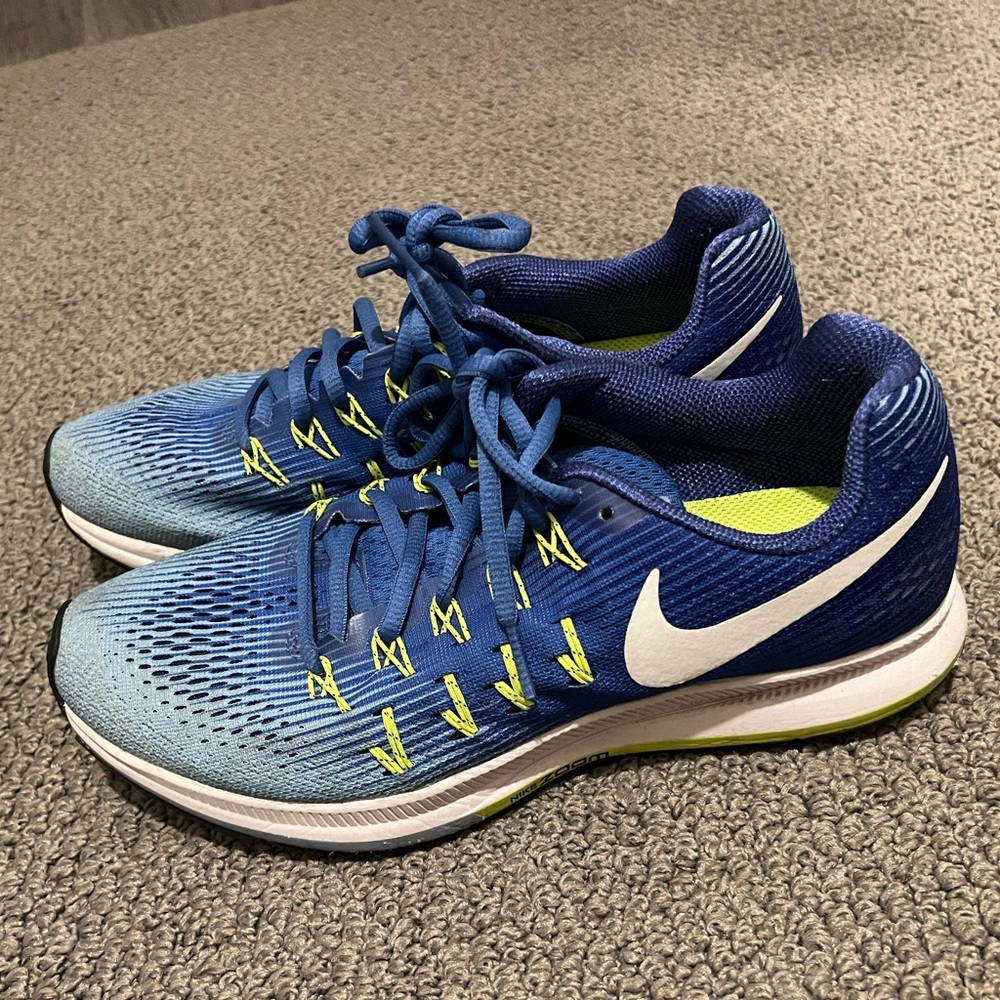 Nike Women's Blue Gradient Running Shoes with White Swoosh and Yellow Accents